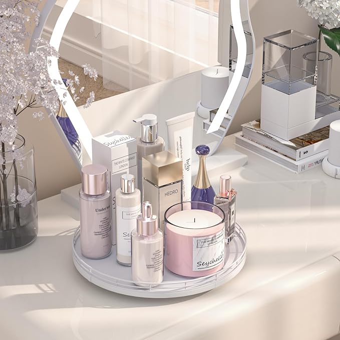 12" Oak Wood Bathroom Tray for Counter, Vanity Tray for Perfume Lotion Candle Makeup Jewelry Sink Soap Holder Turntable Dresser Organizer Countertop Coffee Table Decor Organization and Storage White