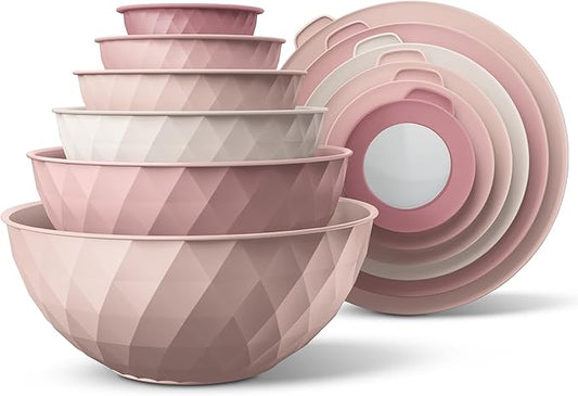 COOK WITH COLOR Mixing Bowls with Lids - 12 Piece Plastic Nesting Bowls Set includes 6 Prep Bowls and 6 Lids, Diamond Design - Microwave Safe, Pink