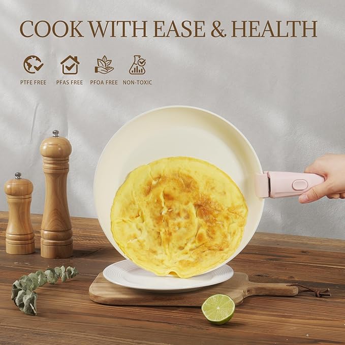 23Pcs Ceramic Cookware Set Non Stick Pots and Pans Set Non Toxic with Detachable Handle Induction Kitchen Cookware Set Space Saving, Oven & Dishwasher Safe, Pink