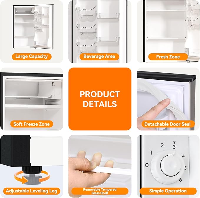 Frestec 3.2 Cu. Ft. Mini Fridge with Freezer Small Refrigerator, for Bedroom, Single Door, Energy Saving, Low Noise,for Office (Grey)