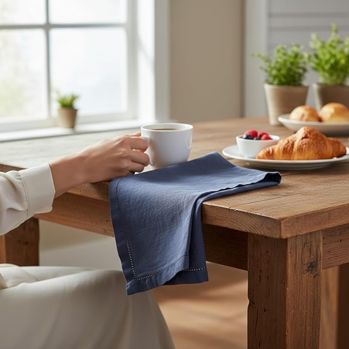 Hemstitched Linen Napkins – 20 Inch x 20 Inch – Stonewashed Pure Linen Cloth Dinner Napkins with Mitered Corners - 100% French Flax – Machine Washable - Set of 4 (Soft Blue)