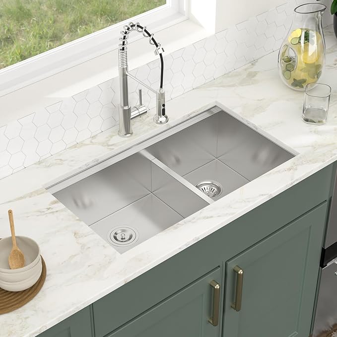 Logmey 33x19x9 Inch Double Bowl Undermount Stainless Steel Workstation Sink - 50/50 Divide, X-Shaped Drainage
