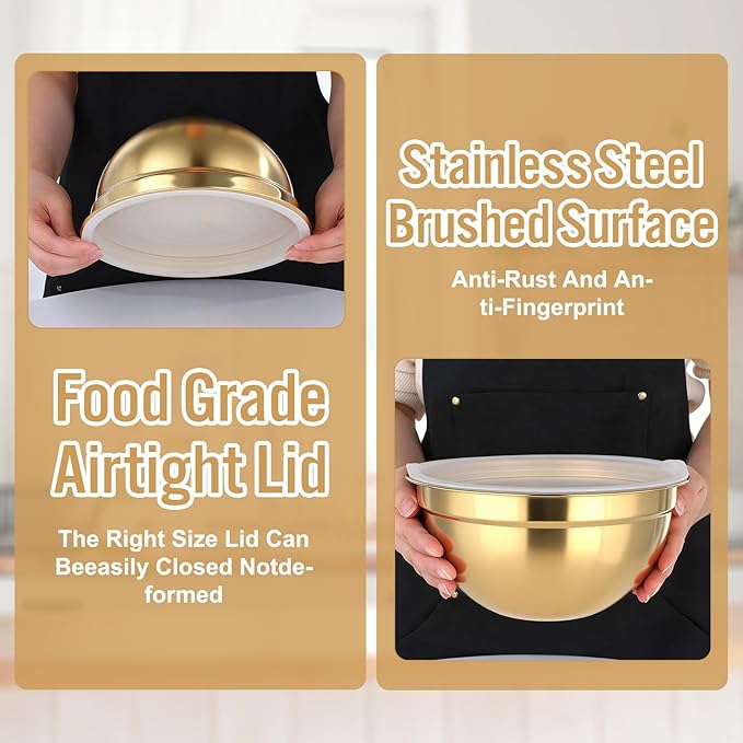SHENLIU 5 Pcs Gold Mixing Bowls with Airtight Lids, Stainless Steel Mixing Bowl with Colander Metal Nesting Organizers for Kitchen Prepping Serving Food, Non-slip Bottom Size 5.5, 3.6, 2.7, 2.1Qt