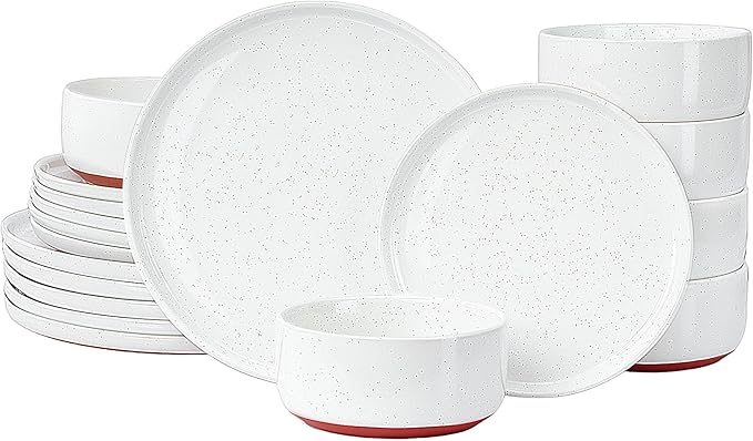 GZG Modern Art Series - 18 Pcs Speckled Stoneware Plates and Bowls Sets, Ceramic Dinnerware Set with Rustic Terracotta Underside, Microwave and Dishwasher Safe Handcrafted Dishes Set - Porcelain White