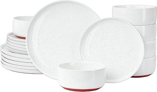 GZG Modern Art Series - 18 Pcs Speckled Stoneware Plates and Bowls Sets, Ceramic Dinnerware Set with Rustic Terracotta Underside, Microwave and Dishwasher Safe Handcrafted Dishes Set - Porcelain White