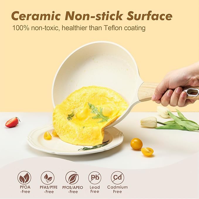 SENSARTE 14-Piece Ceramic Non Stick Induction Cookware Set, Non Toxic Healthy Non Stick Kitchen Cooking Pots and Frying Pans Set, PFAS PTFE PFOA PFOS Free, Ceramic White