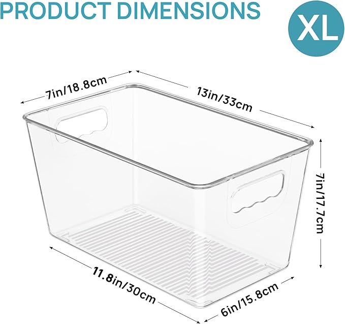 Vtopmart 6 PCS Clear Plastic Storage Bins, Pantry Organizer Containers with Handle for Refrigerator, Fridge, Cabinet, Kitchen, Countertops, Cupboard, Home Organization and Storage, XL