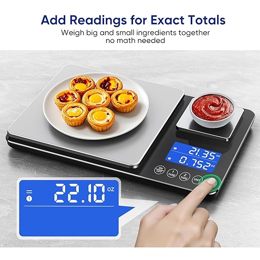 Dual Platform Food Kitchen Scale with 0.1g/0.001oz High Precision, 15kg/33lb Bakery Scale, Dual Accuracy Kitchen Scale for Sourdough Bread, Baking and Cooking with 7 Unit Tare and Totalizer