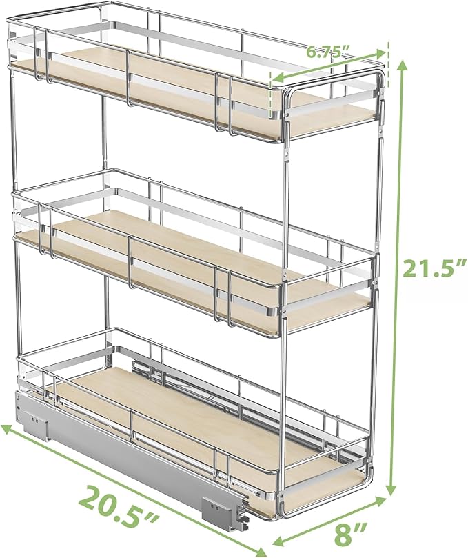 ROOMTEC 3-Tier Pull Out Cabinet Organizer Spice Rack for Narrow Cabinet 8" W x 20½" D, Slide Out Wood Shelves Storage for Kitchen