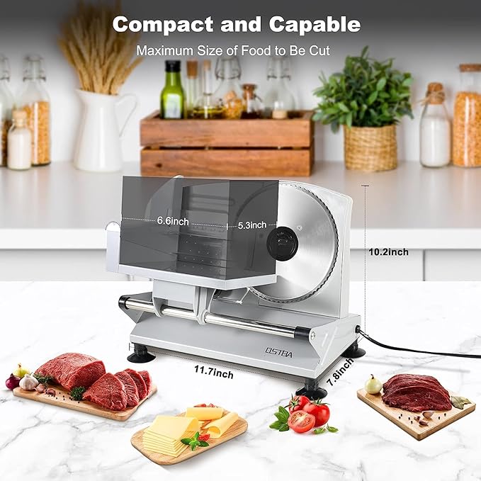OSTBA Meat Slicer Machine for Home, Electric Deli Food Slicer with Removable 6.7” Stainless Steel Blades, 0-15mm Adjustable Thickness, Easy to Clean, 150W, Ideal for Cold Cuts, Cheese, Bread, Fruit