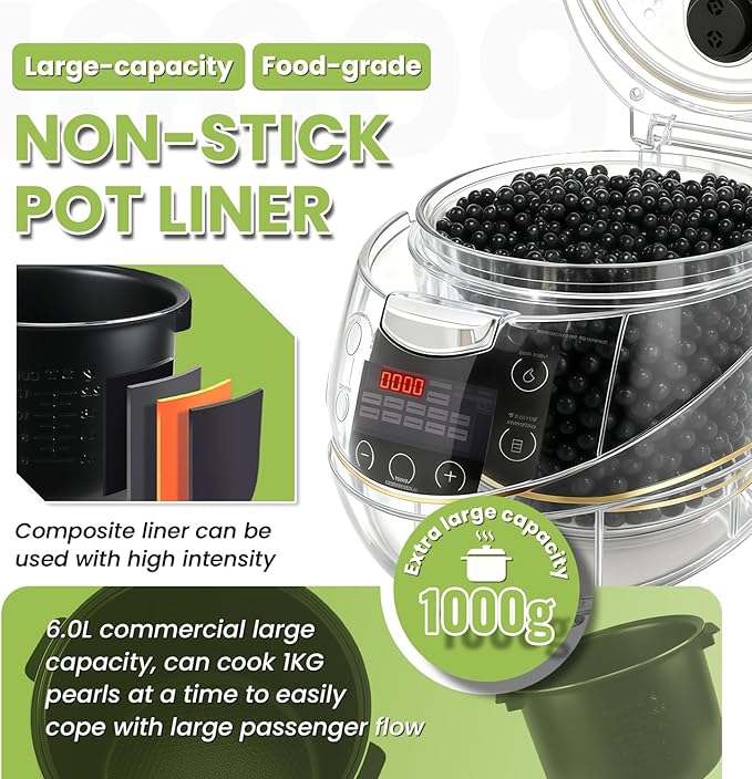 6L Boba Cooker Commercial, Automatic Boba Maker Machine with Even Heat Distribution, Intelligent Tapioca Cooker, for Milk Tea Stores Restaurants Dessert Stores Lounge, 900W