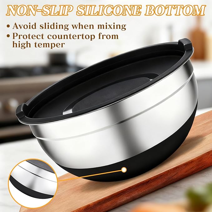 Unokit Mixing Bowls with Lids Set - 7 Pcs Stainless Steel Mixing Bowls with 3 Grater Attachments, Non-Slip Silicone Base Mixing Bowl Set for Kitchen