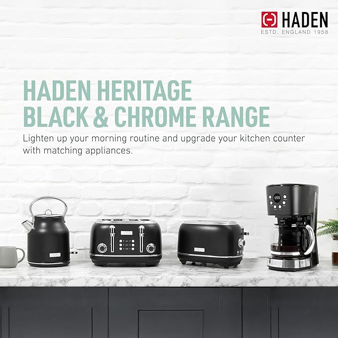 Haden Heritage 4 Slice Wide Slot Stainless Steel Toaster with Adjustable Browning Control & Non-Slip Feet, Black & Chrome