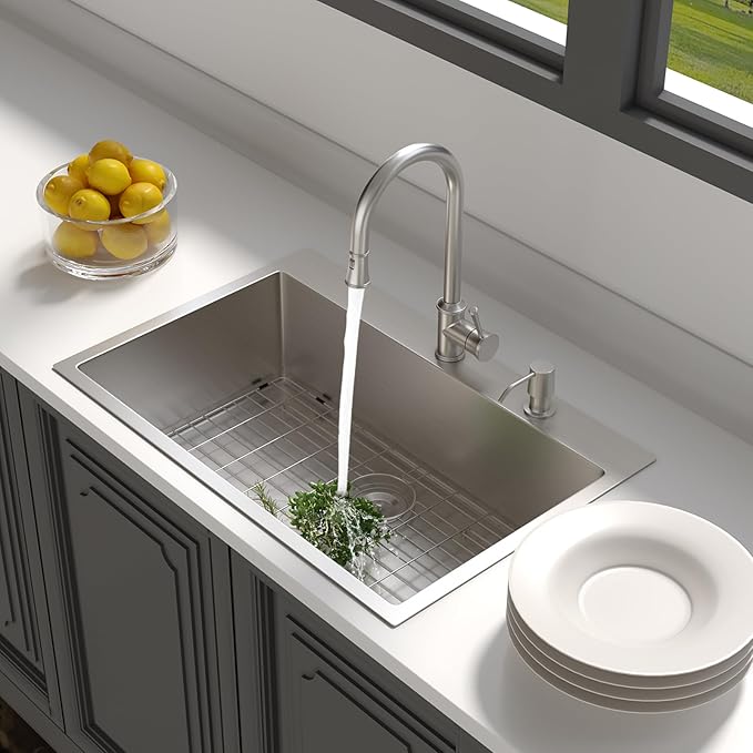 Lordear 30 inch Drop In Kitchen Sink Stainless Steel 16 Gauge Single Bowl Topmount Rectangular Round Corner Kitchen Sinks Overcounter Basin