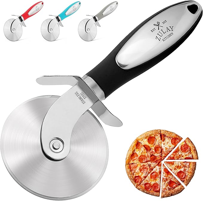 Zulay Kitchen Premium Pizza Cutter - Durable Stainless Steel Pizza Cutter Wheel - Easy-to-Clean, Easy-to-Use Pizza Slicer - Super Sharp with Non-Slip Handle - Dishwasher Safe Pizza Wheel (Black)