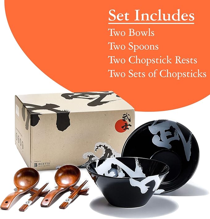 Japanese Ceramic Ramen Bowl Set, 60oz Large Ramen Bowls with Chopsticks, Spoons and Chopstick Rests – Bowl for Ramen, Pho, Salad, Poke, Soup, Udon – Minimalist Design, Premium Quality, Black