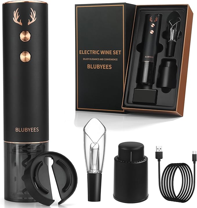 4-in-1 Rechargeable Electric Wine Opener Set - Automatic Corkscrew, Foil Cutter, Aerator Pourer, Vacuum Stopper - Wine Lovers Gifts for Women and Men