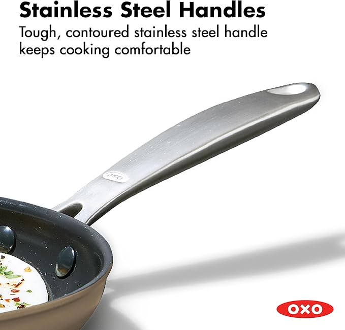 OXO Enhanced 12” Nonstick Frying Pan Skillet with Lid, Ceramic PFAS-Free Cookware, Stainless Steel Handle, Eggs & Omelets, Dishwasher & Oven Safe, Biscuit Brown