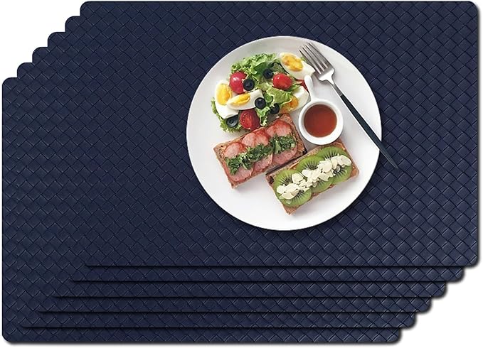 Vinyl Placemats Set of 6-12×17.7 Inch Waterproof & Heattable Placemats, Fall Faux Leather Wipeable Outdoor Table Mat for Dining, Kitchen, Indoor Outdoor Use (Dark Blue, Woven Pattern)
