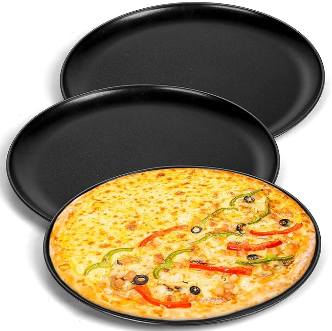 P&P CHEF 12 Inch Pizza Pan, 3 Pieces Stainless Steel Round Pizza Tray Dish Plate For Oven Baking Roasting, Healthy & Heavy Duty, Rust Free & Dishwasher Safe -Black