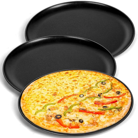 P&P CHEF 12 Inch Pizza Pan, 3 Pieces Stainless Steel Round Pizza Tray Dish Plate For Oven Baking Roasting, Healthy & Heavy Duty, Rust Free & Dishwasher Safe -Black