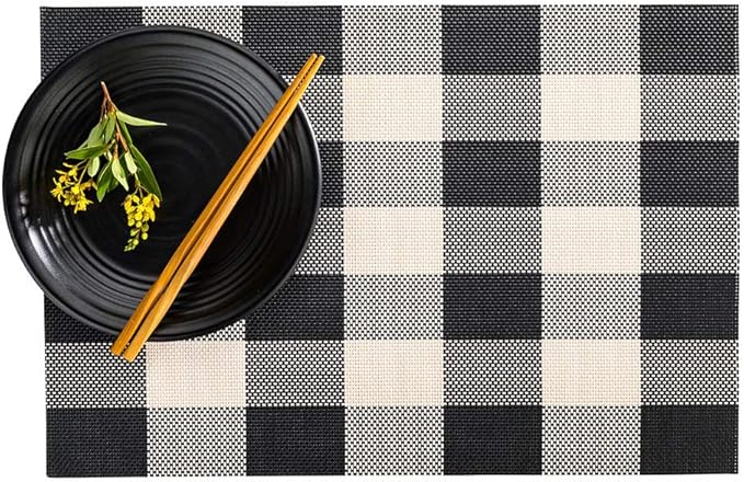 Restaurantware Carmel Mesh 16 x 12 Inch Table Placemats Set Of 6 Woven Washable Placemats - Large Gingham Print No Stain Black And White Kitchen Placemats Heat Tolerant Easy To Clean