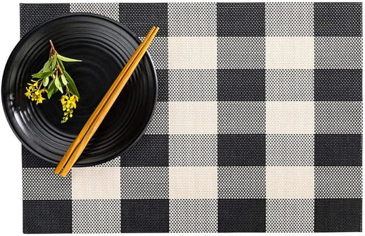 Restaurantware Carmel Mesh 16 x 12 Inch Table Placemats Set Of 6 Woven Washable Placemats - Large Gingham Print No Stain Black And White Kitchen Placemats Heat Tolerant Easy To Clean
