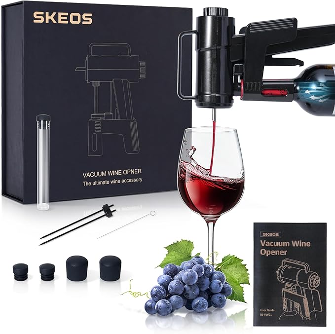 SKEOS Electric Wine Opener, Needle Piercing Vacuum Wine Bottle Opener for Smooth Extraction, No Cork Damage, Vacuum Seal Freshness, Perfect for Wine Lovers, Black