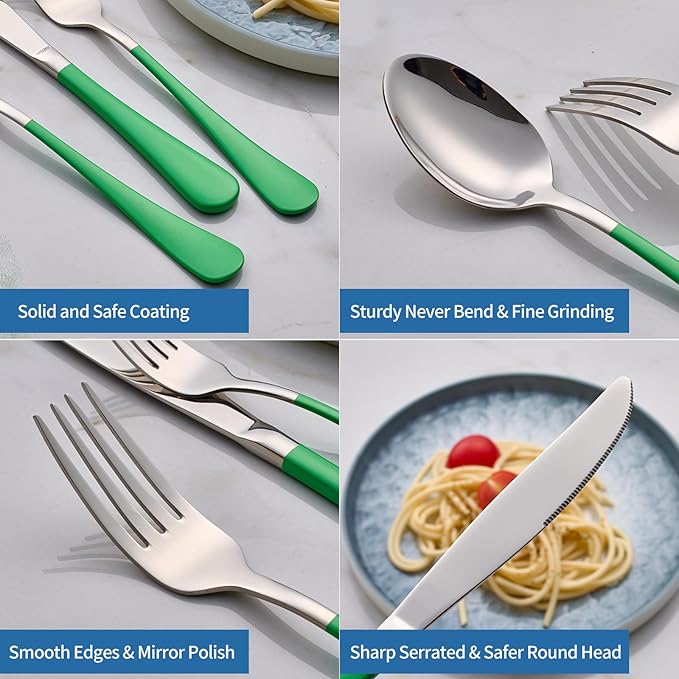 20-Piece Green Silverware Set, 18/0 Stainless Steel Green Handle Flatware Set, Service for 4, Modern Cutlery Set Includes Dinner Knives Forks Spoons, Mirror Polished, Dishwasher Safe