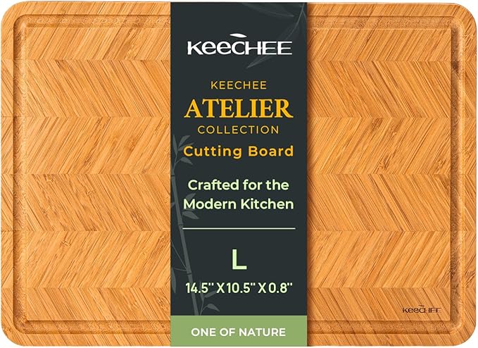 Atelier Collection Bamboo Cutting Board, Reversible Boards for Kitchen with Deep Juice Grooves and Handles, Large Wood Chopping Board for Cooking and Serving, Handcrafted Luxury Cutting Board