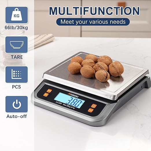 Atogou 88lb Commercial Digital Kitchen Scale 40kg/1g, with 6 Units Conversion, Stainless Steel, LCD Display, AA Battery or Plug-in Use for Baking, Bread, Cooking, Meat LC200 Grey