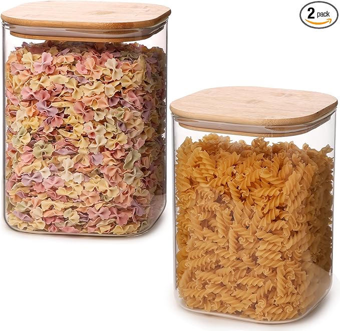Glass Food Storage Jars 150 Set of 2,Glass Storage Containers Clear Glass Food Canister with Bamboo Lid Airtight For Serving Tea, Coffee, Flour, Sugar, Candy, Cookie, Spice and More (Square)