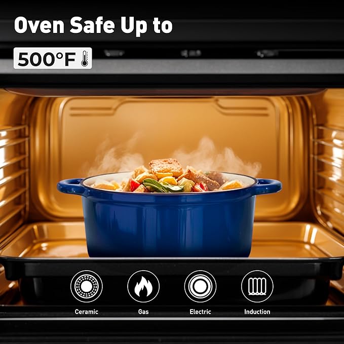 MAISON ARTS Enamel Cast Iron 7 Piece Cookware Set, Dutch Oven Pot with Lid, Blue Non Stick Pots and Pans set, Oven Safe up to 500°F