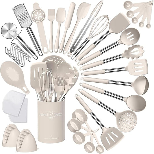 Umite Chef Silicone Kitchen Cooking Utensil Set, 43 pcs Spatula Set with Stainless Steel Handle, Non-stick Heat Resistant - Best Cookware Set-(Khaki)