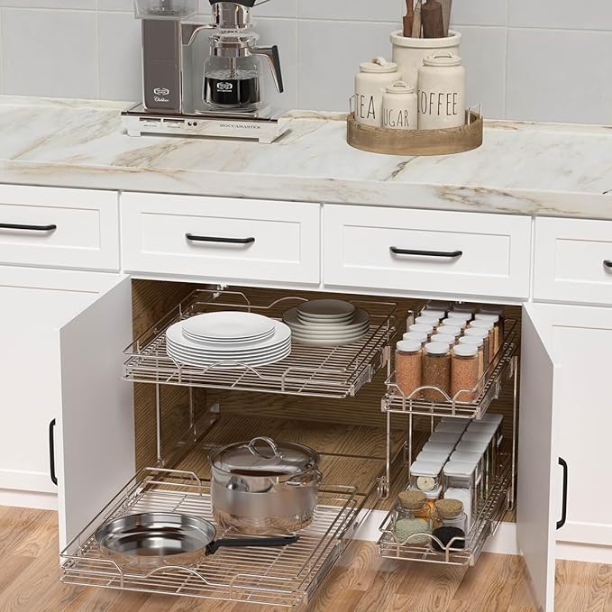 OCG 2 Tier Pull Out Cabinet Organizer (15.5" W x 18" D), Pull Out Drawers for Kitchen Cabinets, Pull Out Shelves for Base Cabinet Organization in Kitchen Bathroom Pantry, Chrome Finish