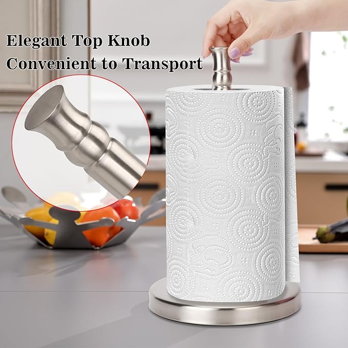 Paper Towel Holder Countertop, Standing Paper Towel Roll Holder for Kitchen Bathroom, with Weighted Base for One-Handed Operation, No Wobbly (Brushed Nickel)