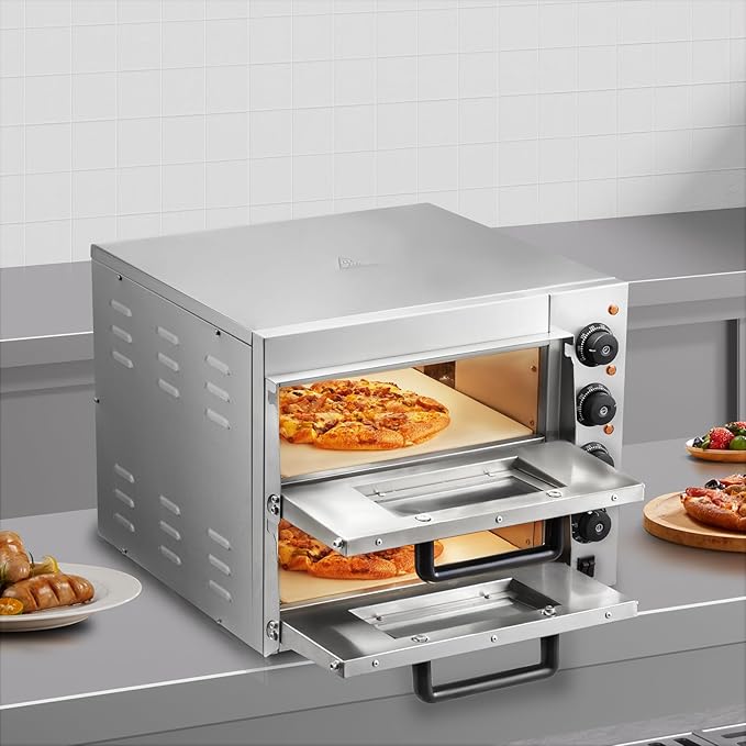 VEVOR Commercial Pizza Oven Countertop, 14" Double Deck Layer, Stainless Steel Electric Pizza Oven with Stone and Handle, Multipurpose Indoor Pizza Maker for Restaurant Home Pretzels Baked