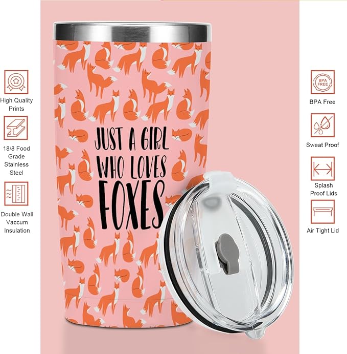 Cute Fox Print Tumbler,Fox Gifts 20 oz Stainless Steel Coffee Mug，Travel Cup，Insulated Cup with Lid for Car, Perfect Gifts for Foxes Lovers Girl Sister Friend Bestie Christmas Birthday