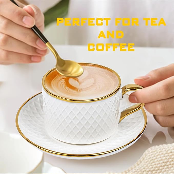 Espresso Cups and Saucers Set of 6, 7 OZ Porcelain Cappuccino Cups with Saucers, Stackable Coffee Mugs for Demitasse, Latte, Cafe, Mocha, Tea, Mother's Day Gift Thanksgiving Christmas Gift Present