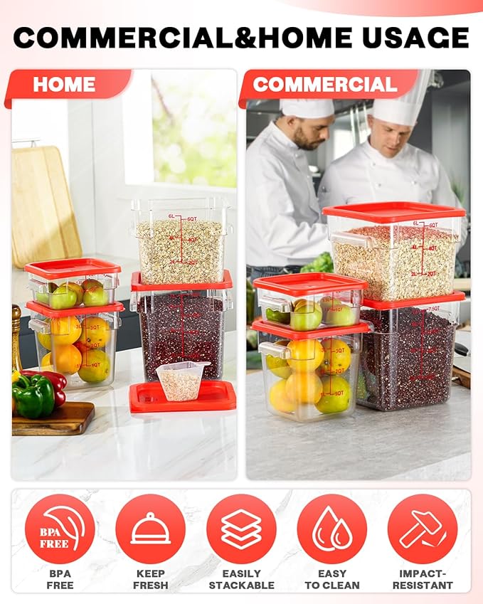2QT4QT NSF Food Storage Containers: 8 PCS [Food Grade][Hot&Cold Resistant] Commercial Clear Square Food Storage Containers with Scales Handles for Home Restaurant Kitchen Proof Dough (Red)