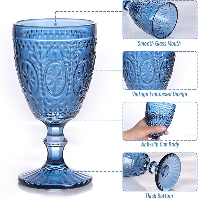 Blue Wine Glasses set of 4, Blue Goblets, Vintage Drinking Glassware, Colored Glassware Set for Party Home Wedding Baby Shower