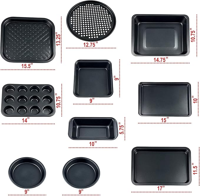 Perlli Baking Pan 10 Piece Set Nonstick Carbon Steel Gray Oven Bakeware Kitchen Set, 2 Cookie Sheets, 2 Round Cake Pans, Square Pan, Roasting Pan, Loaf Pan, Crisp Pan, Pizza Crisper, & Muffin Pan