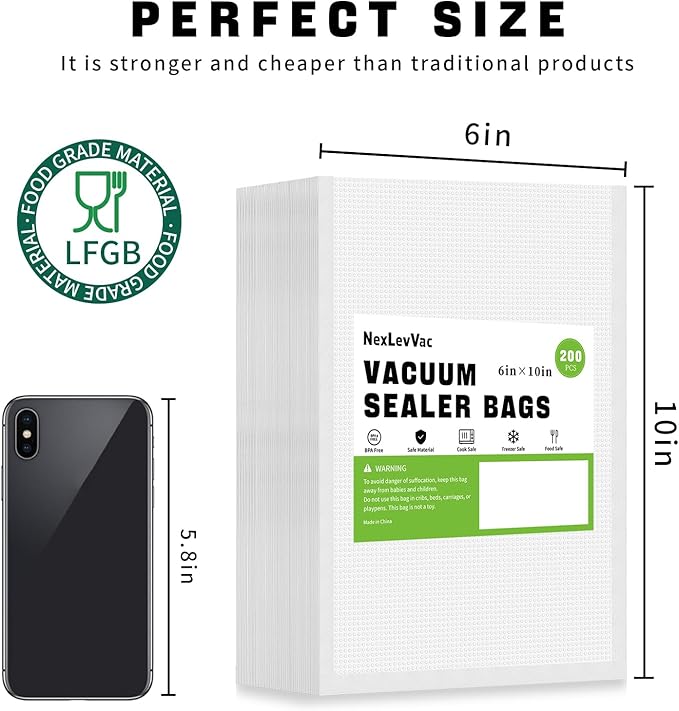 200 Pint Vacuum Sealer Bags - 6x10 Inch, Heavy Duty Commercial Grade for Food Saver, Seal a Meal, Sous Vide, Meal Prep & Freezer Storage