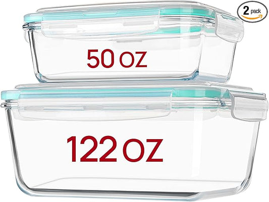Vtopmart 122oz+50oz Large Glass Food Storage Containers with Airtight Lids, Big Glass Containers for Roasting Chicken, Baking Casseroles, Food Storage, Meal Prep, Fruits, Thanksgiving Meals, BPA-Free