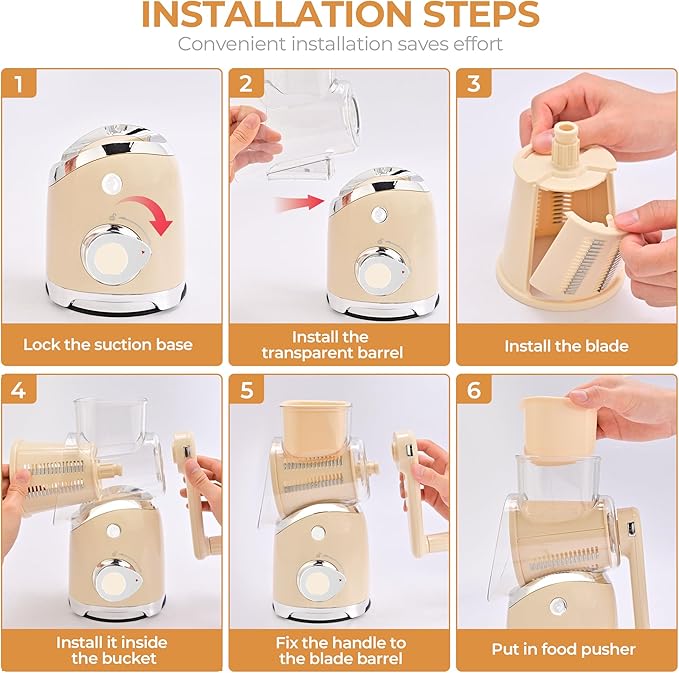 SUSTEAS Rotary Cheese Grater with Handle, Vegetable Slicer, 6 Interchangeable Blades, Reinforced Suction, Easy to Clean, Kitchen Shredder for Crushed Ice, Fruits, Nuts with Blade Storage Case, Beige