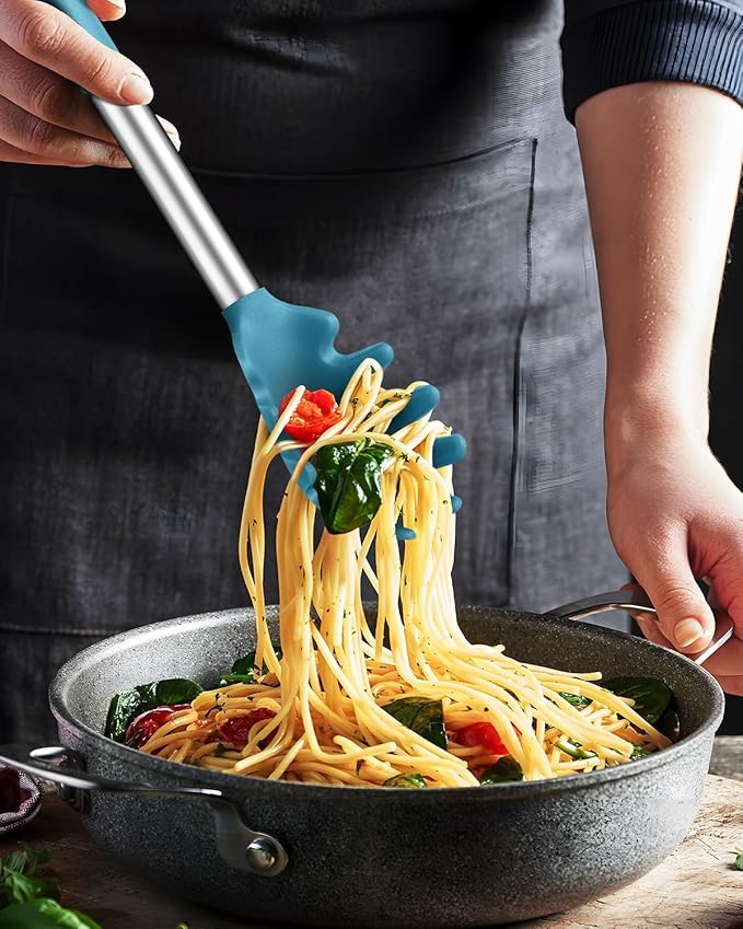 Spaghetti Spoon and Pasta Tong, Non-stick Silicone Spoon Server Fork With Teeth and Stainless Steel Handle, Food Clip for Noodles (Blue)