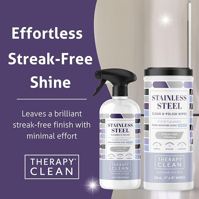 Therapy Stainless Steel Cleaner and and Polish Wipes Bundle with Microfiber Cloth - Remove Fingerprints from Appliances, Sinks, Fridge, Grill, Refrigerator, BBQ, Stove - Stainless Steel Spray and Wipe
