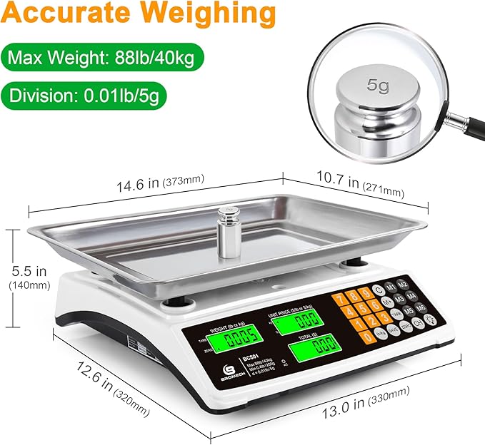 Price Computing Scale 88lb/40kg Commercial Food Scale for Produce Meat with Stainless Steel Large Platform, LCD Display, and Green Bright Backlight for Farmers Markets, Deli, （Not for Trade）