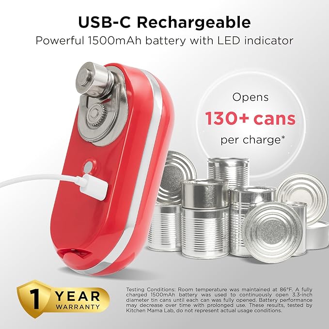 Kitchen Mama Mini Plus Rechargeable Electric Can Opener: USB-C Charging, Hands-Free, Auto Stop, Compact, Cordless, Smooth Edge - Perfect for Seniors with Arthritis, Home, and Travel (Red)