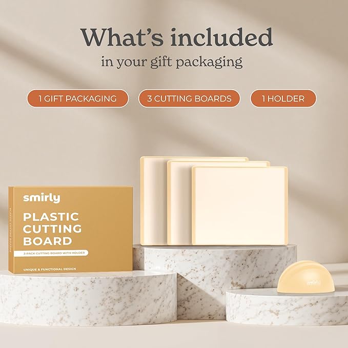 SMIRLY Plastic Cutting Board Set 3 Pieces, Non-Slip Dishwasher Safe Chopping Boards for Kitchen, Cream White